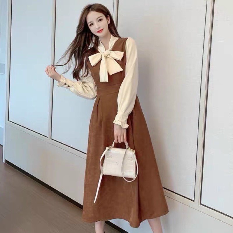 Váy đầm nữ dáng xòe tay dài quý phái phối tơ gân cực xinh họa tiết cột nơ thanh lịch dự tiệc