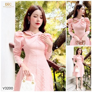 V3200 Váy hoa gấm cổ xoắn [DVC&ACC] váy đầm hồng hoa dài tay dáng A xoè sang chảnh