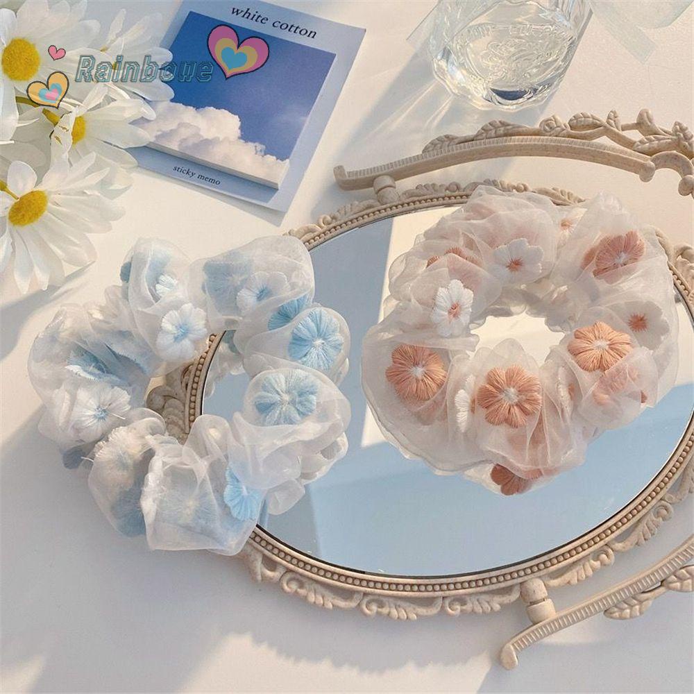 Dây Buộc Tóc Vải Tuyn Thêu Hoa Màu Cầu Vồng Ngọt Ngào