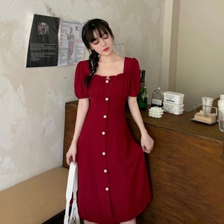 Đầm cổ vuông nút ngọc 2 màu mặc đi làm đi chơi đều xinh (kèm hình thật)