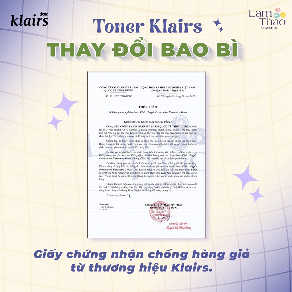 Nước Hoa Hồng Klairs Không Mùi, Dưỡng Ẩm Supple Preparation Unscented Toner - Toner Klairs - Chính hãng hàng Cty
