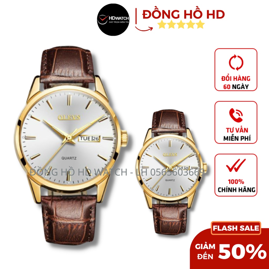 Đồng Hồ Nam Nữ Olevs - Đồng hồ Đôi Dây Da Chống Nước Tiêu Chuẩn Chính Hãng Bảo Hành 24 Tháng Có Hộp Tặng Kèm