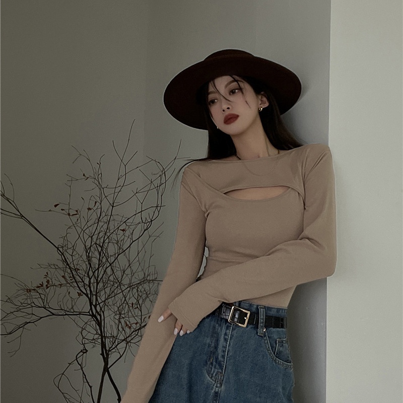 IELGY Áo Thun Tay Dài Màu Trơn Dáng Ôm Khoét Lỗ Cá Tính Cho Nữ Màu Sắc