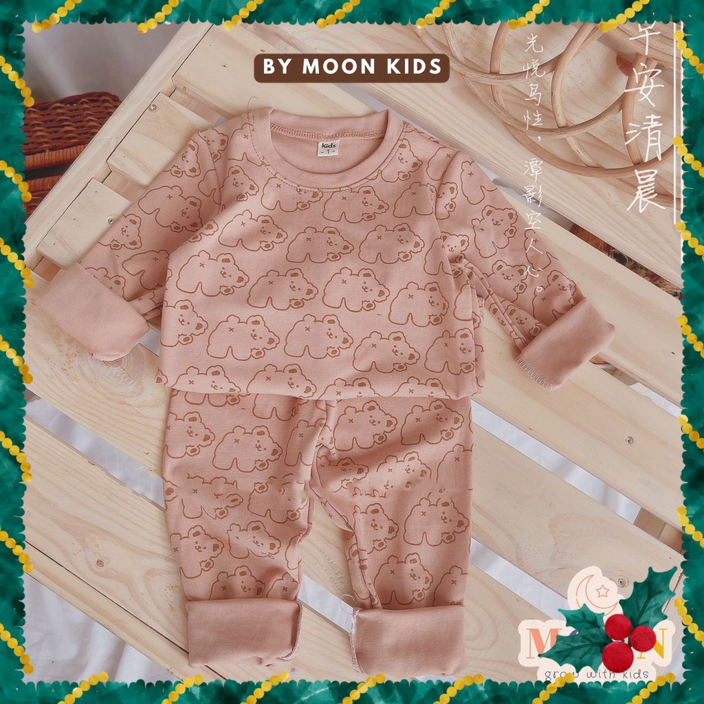 Bộ Ngủ Dài Tay Cho Bé Trai, Bé Gái Chất Cotton Zip Hàn In Tràn Hình Gấu Đáng Yêu