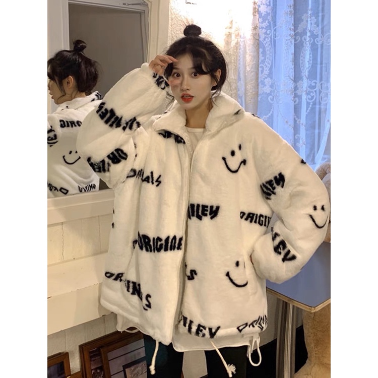 Áo khoác lông thỏ mặt cười smile big size hàng quảng châu cao cấp loại 1, áo khoác unisex kiểu dáng hàn quốc_onehit shop