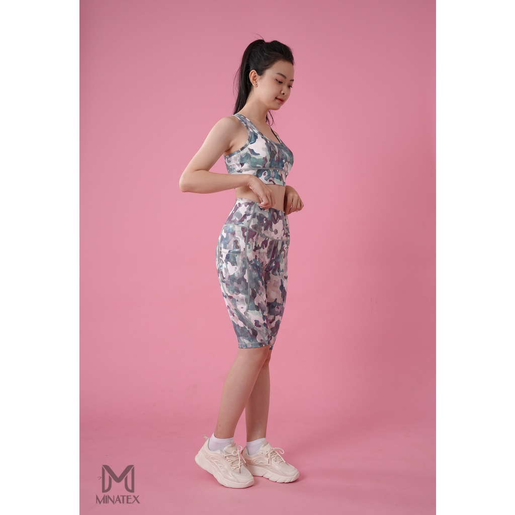 Set tập gym yoga, set đồ gym lính áo bra kết hợp quần lửng có túi ngắn trên gối Minatex (có bán lẻ áo quần)