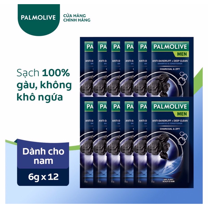 DÂY 12 GÓI DẦU GỘI PALMOLIVE KÈM DẦU XẢ LÀM SẠCH GÀU TỪ THAN TRE/ TR