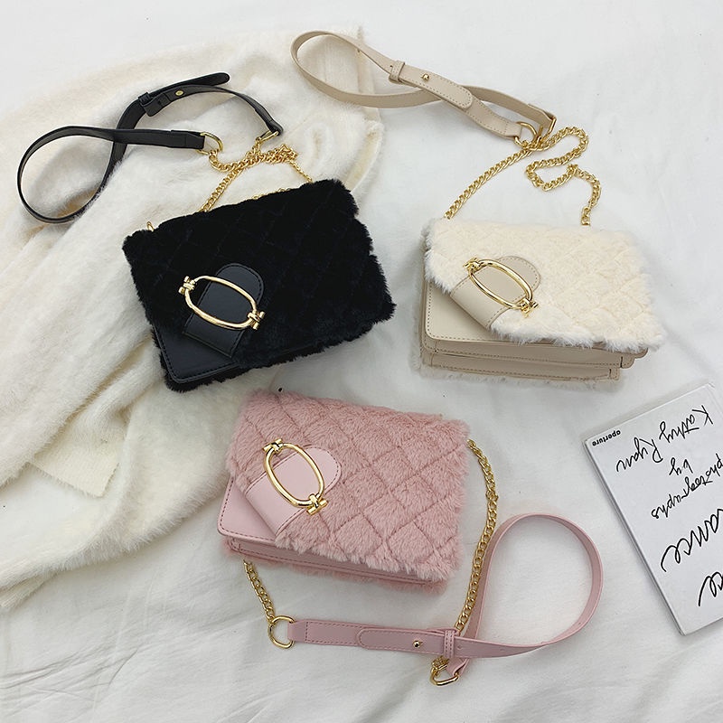 Túi Đeo Chéo Lông Xù Quai Xích Thời Trang Hàn Quốc Mới Cho Nữ
