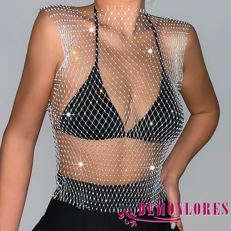 Áo Tank Top Cổ Tròn / Cổ Tròn Không Tay Vải Lưới Đính Đá Lấp Lánh Thời Trang Dự Tiệc Cho Bạn Gái