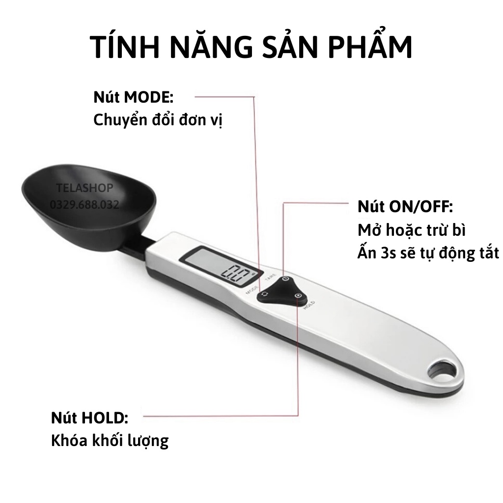 Cân tiểu ly điện tử thìa muỗng 500g chính xác cao tặng kèm pin Tela shop