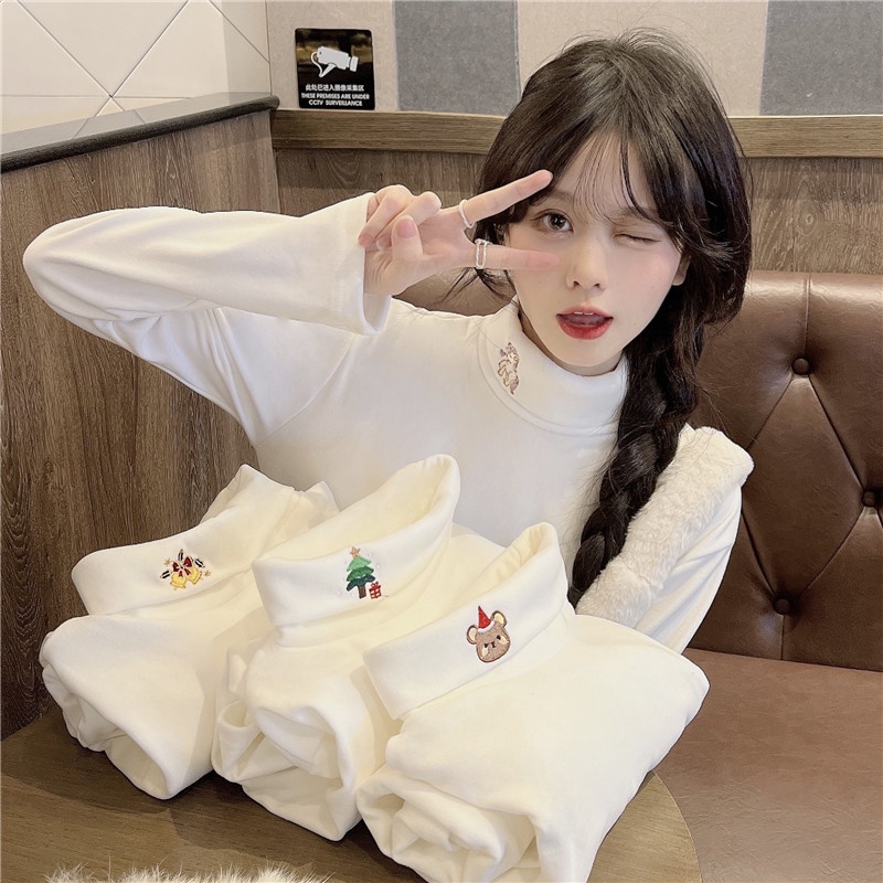 Áo Thun Tay Dài Cổ Cao Thêu Họa Tiết Hoạt Hình Phong Cách Hàn Quốc Thời Trang Mùa Thu Cho