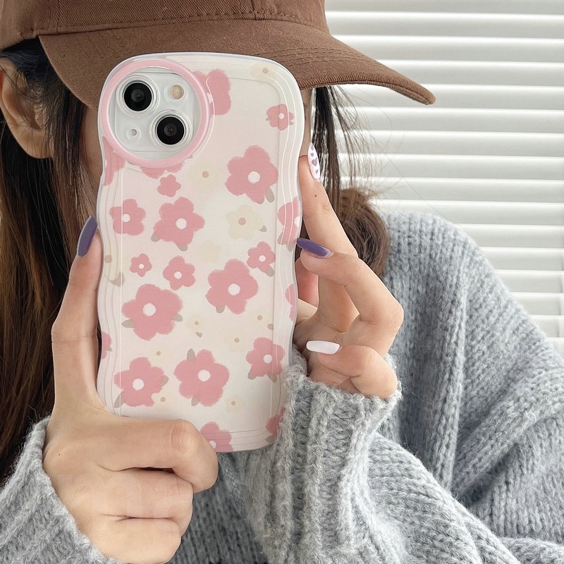 Cute Casing Realme C53 C55 C30S C33 C31 C35 Narzo 50A 50i Prime C21 C21Y C25Y C20 C11 2020 2021 C17 9Pro+ 5G 9 10 4G 8 7i 5 5i 5s 6i 6 C2 C1 3 2 Pro U1 Pink Floral Flowers Fine Hole Shockproof Protection Waves Edge Soft Phone Case BW 07