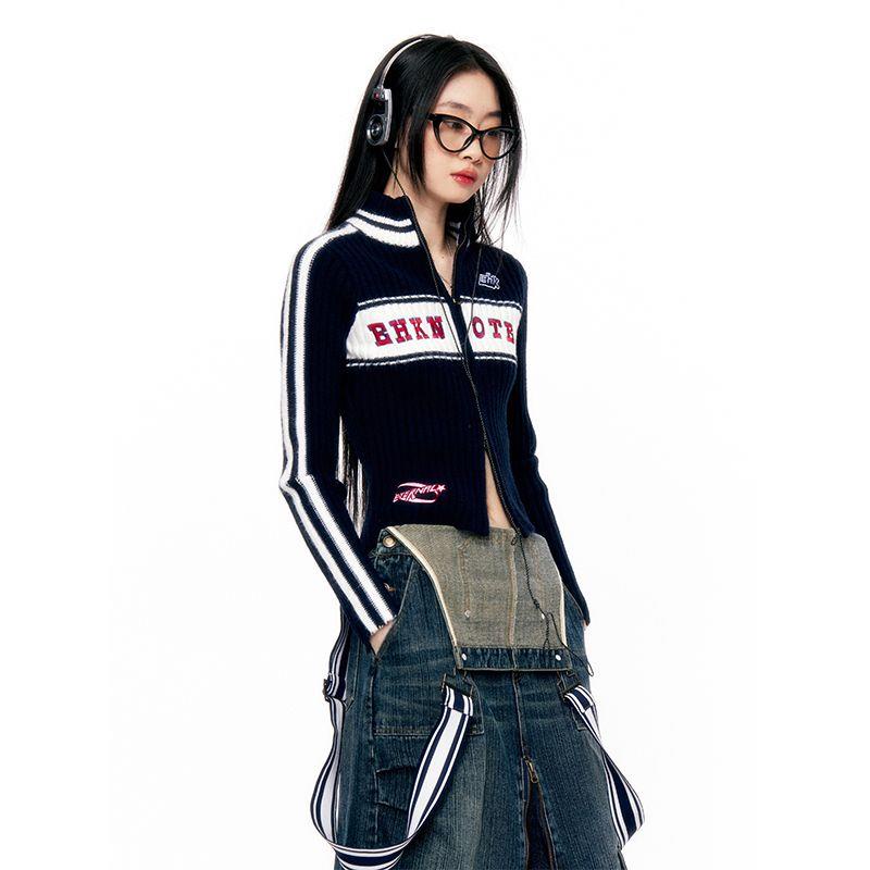 Ehk Áo Sweater Dệt Kim Mỏng Vừa Vặn Thêu Họa Tiết Sọc Màu Trắng Xanh Dương Phong Cách Retro Dành Cho Nữ