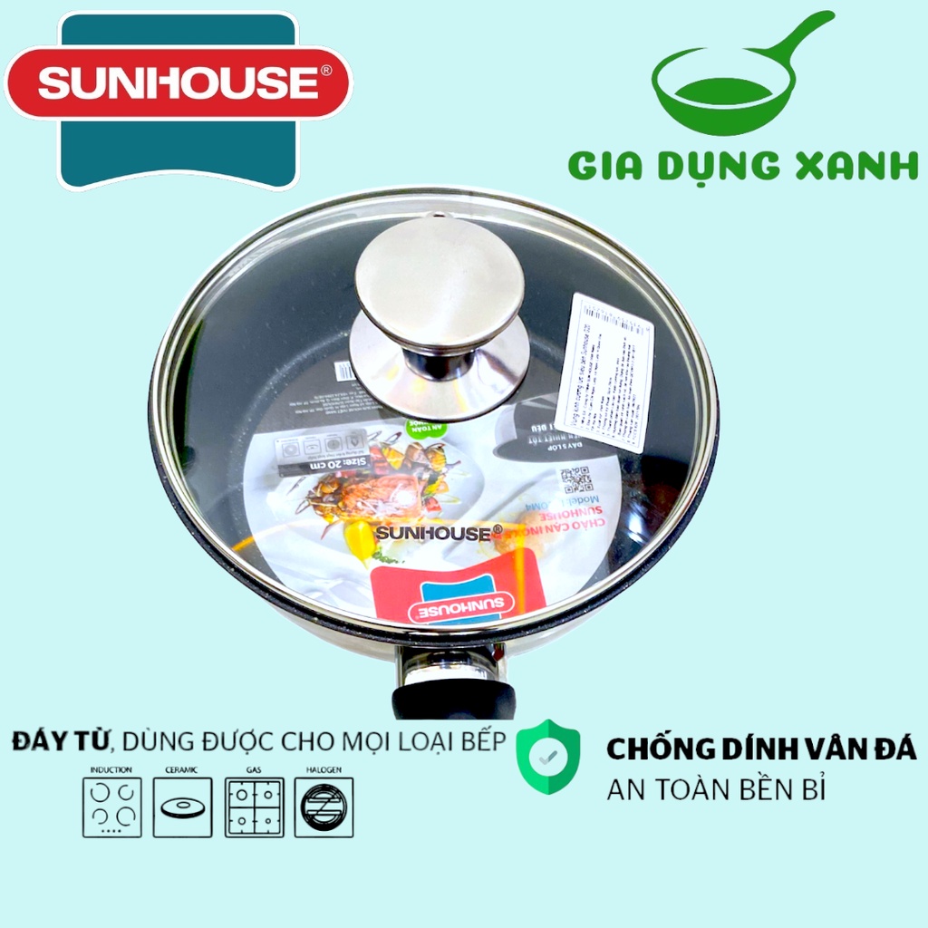 Chảo inox 5 đáy chống dính vân đá SUNHOUSE dùng trên mọi loại bếp sản phẩm chính hãng