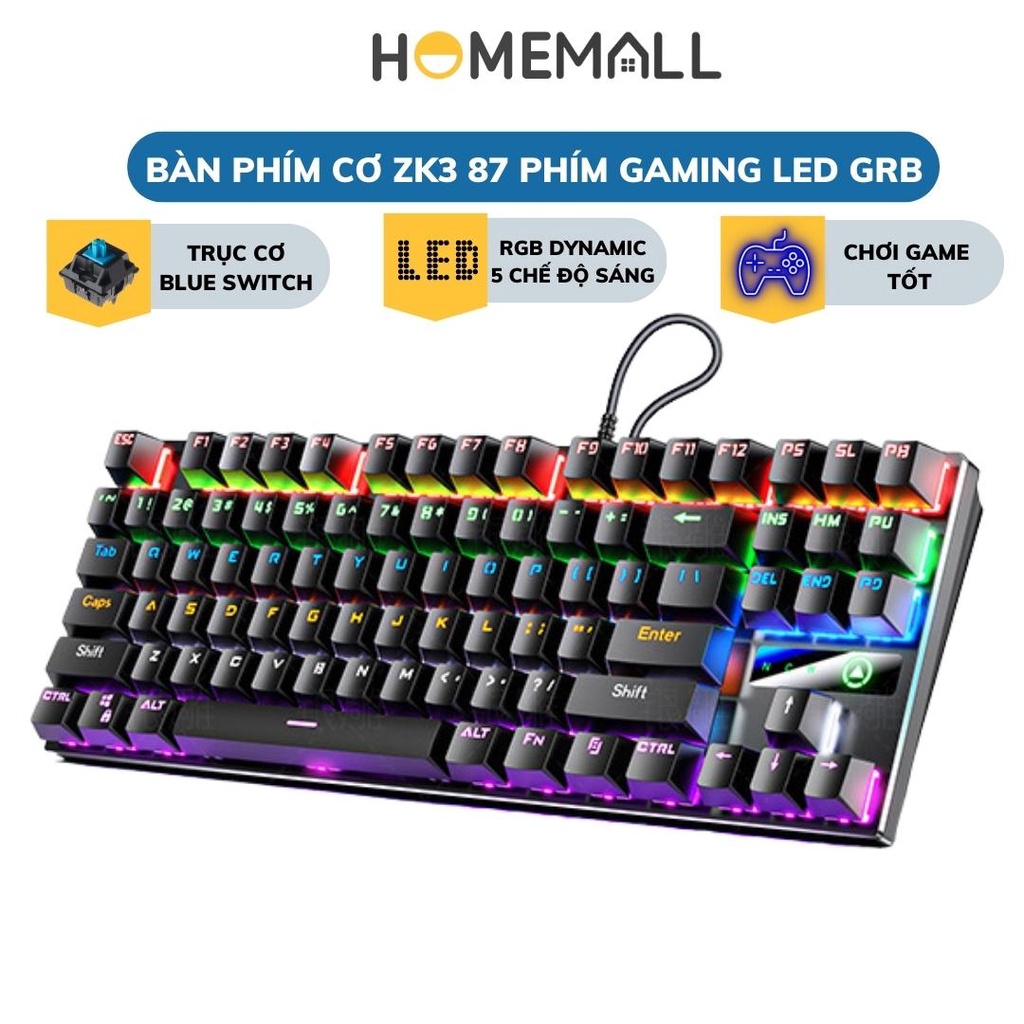 Bàn phím cơ ZK3 Blue switch Gaming Led RGB 5 chế độ nháy 87 phím danh cho game thủ, văn phòng - Bàn phím cơ 1