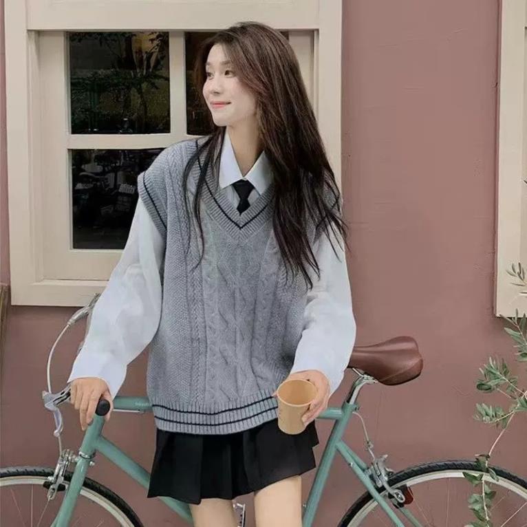 Áo len ZHELIHANGFEI không tay dáng rộng phong cách preppy dễ phối đồ cho nữ