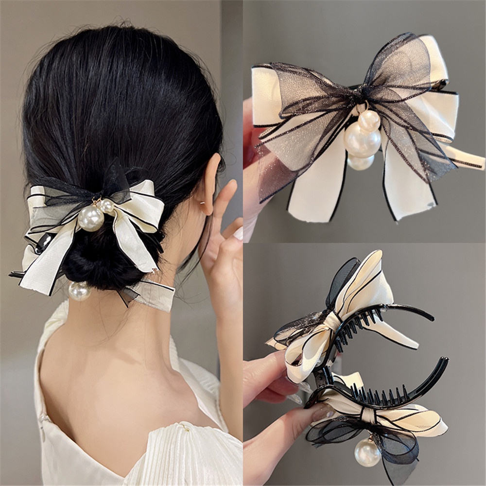 Kẹp Tóc Hình Nơ Màu Trắng Đen Thanh Lịch Thời Trang