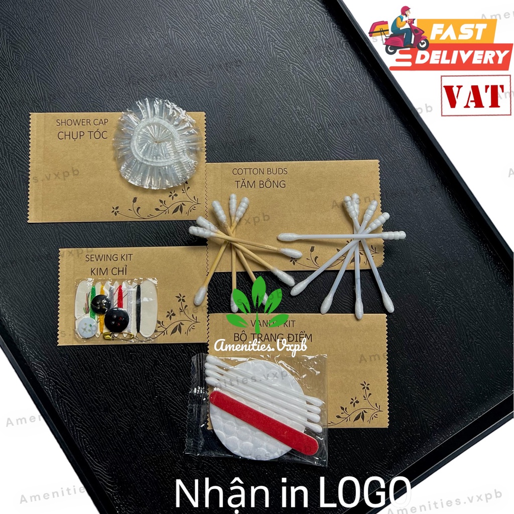 100 Tăm bông, Chụp tóc, Bộ trang điểm 3 món, kim chỉ đút trong bao bì Kraft nâu in hoa văn đơn giản cho khách sạn,....