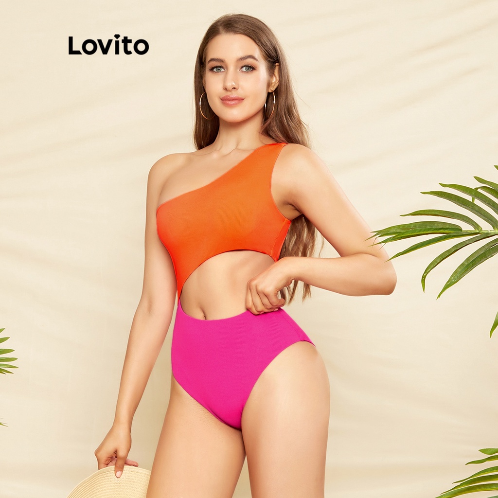 Lovito Đồng bằng một vai nữ một mảnh Sexy L33AD033 (Cam)