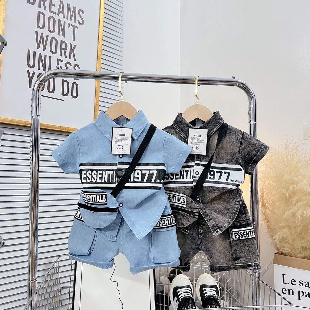 Quần áo bé trai, set 3ct: bộ quần áo Jeans sơ mi cộc tay ESSEN 1977 TẶNG TÚI cho bé
