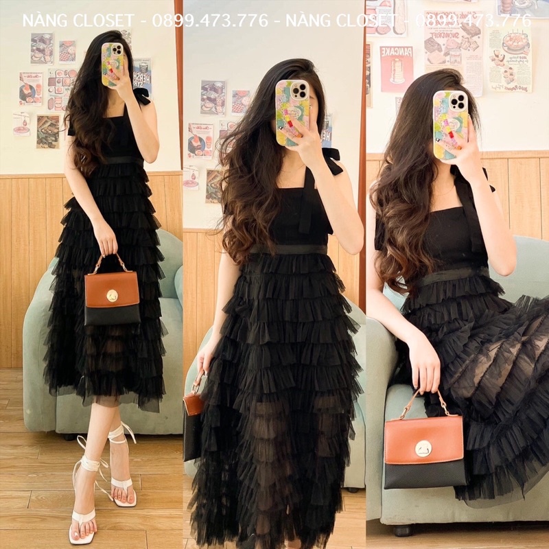 Đầm midi 2 dây đen xếp ly tầng công chúa NÀNG CLOSET
