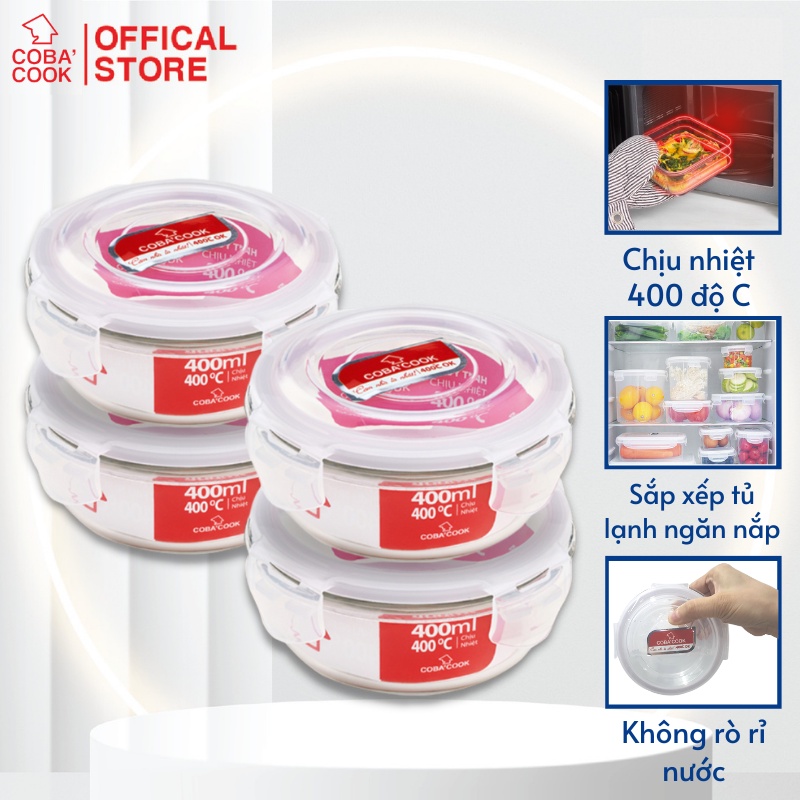 Bộ 4 hộp thủy tinh hình tròn 400ml chịu nhiệt COBA'COOK- CCR44