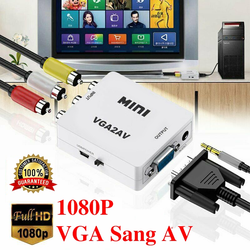 【bộ chuyển đổi vga sang av】Bộ chuyển đổi mini vga sang av rca 3.5mm hỗ trợ hd 1080p vga2av rca pc sang tv hd