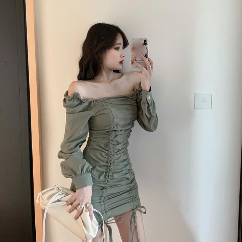 IELGYĐầm Ôm Dáng Hở Vai Xếp Ly Quyến Rũ Thời Trang Phong Cách Hàn Quốc Cho Nữ