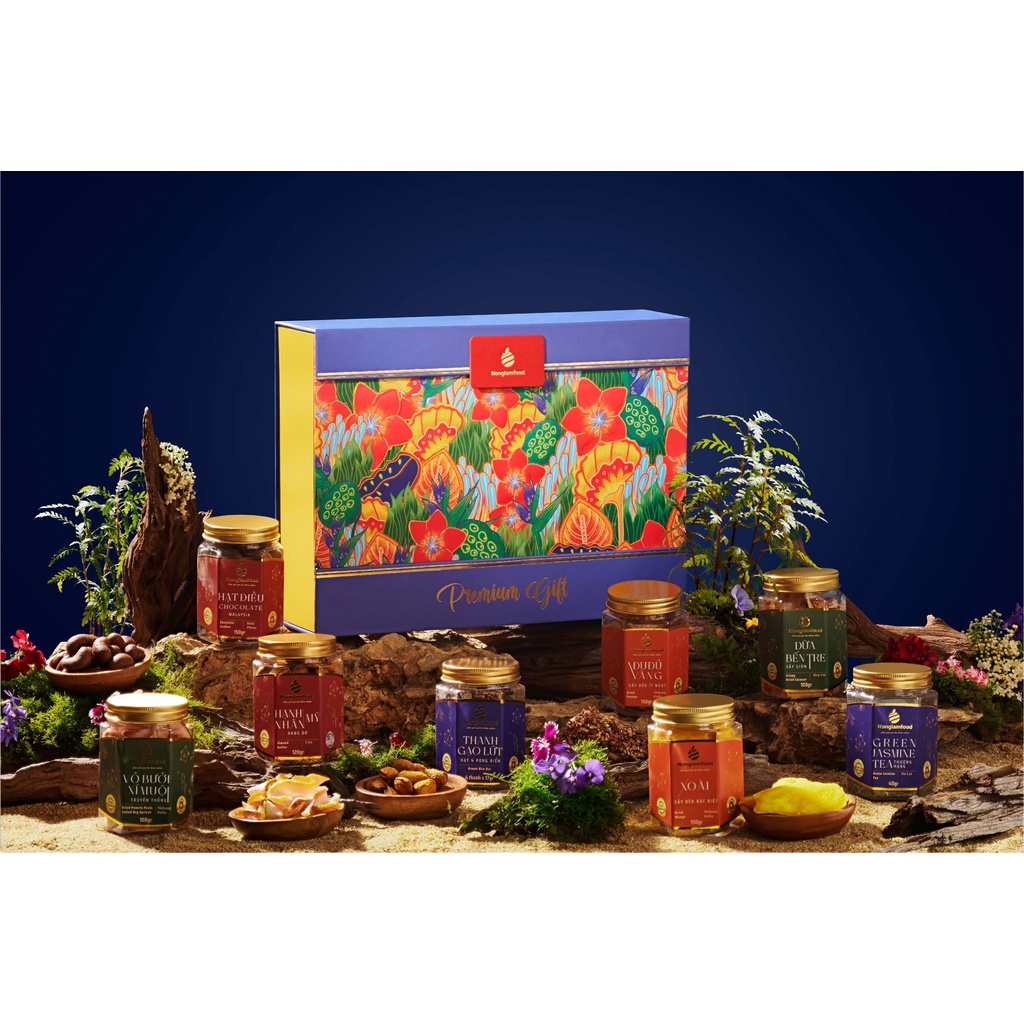 Hộp quà tết cao cấp XUÂN HƯƠNG SẮC 01 Nong Lam Food ép vàng 24K hoa quả sấy lạnh cao cấp