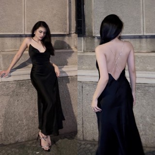 [sẵn đen S,M,L] Đầm Phi Lụa Satin Dây Đá Dáng Dài Cực Đẹp - BABICHE