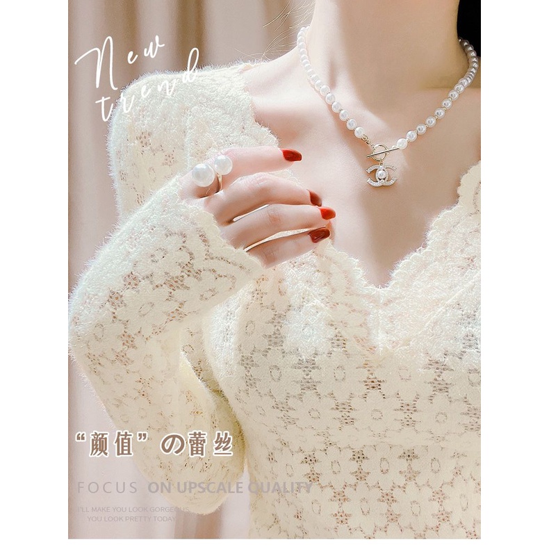 Áo Ren Trắng Tay Dài Cổ Chữ v Phong Cách Mới