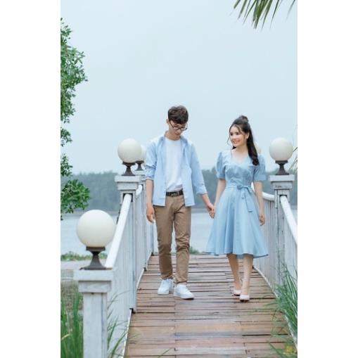 Set áo đôi sơ mi đầm cột eo màu xanh phong cách nhẹ nhàng dành cho các cặp tình nhân