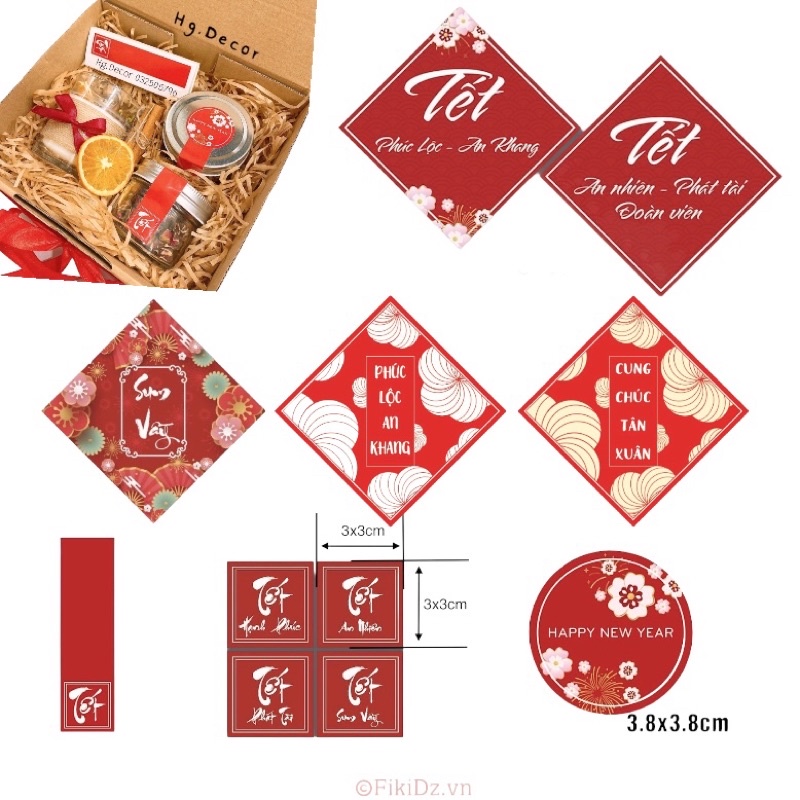 100 tem dán decal sticker năm mới màu đỏ tem Tết Happy New Year