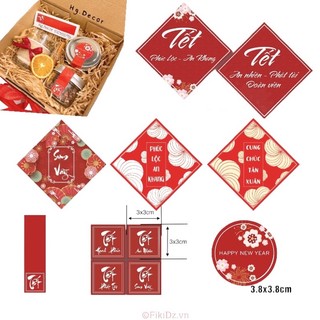 [HÀNG CÓ SẴN][ĐI ĐƠN TỪ 50K] 100 tem dán decal sticker năm mới màu đỏ, tag treo Tết liễn Tết, giỏ; cói tem Tết