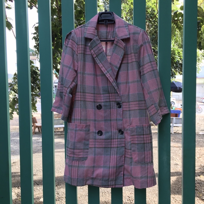 Khoác vest linen ngắn tay NoBrand plaid casual blazer