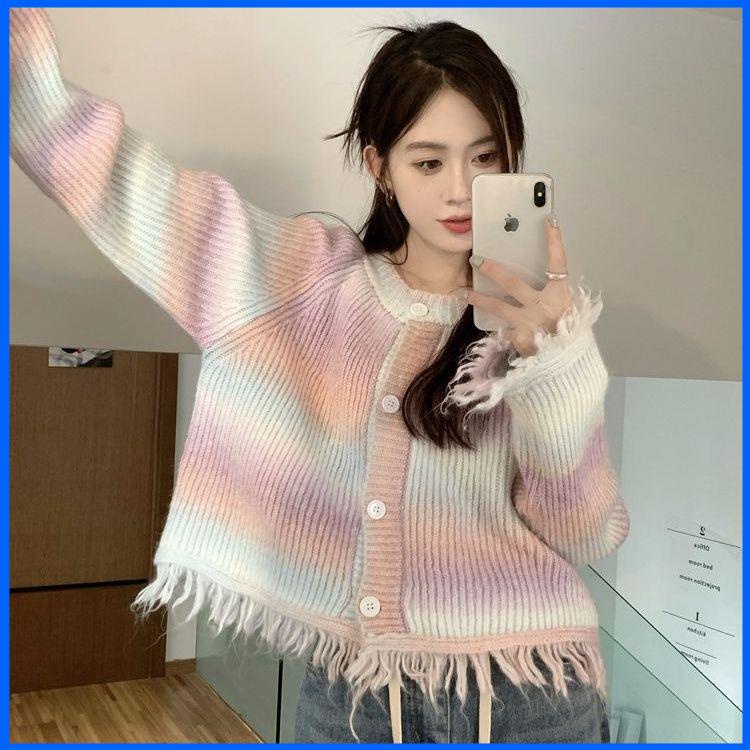 Áo Khoác Len Nhuộm Màu Phối Tua Rua Phong Cách Mới Cho Nữ