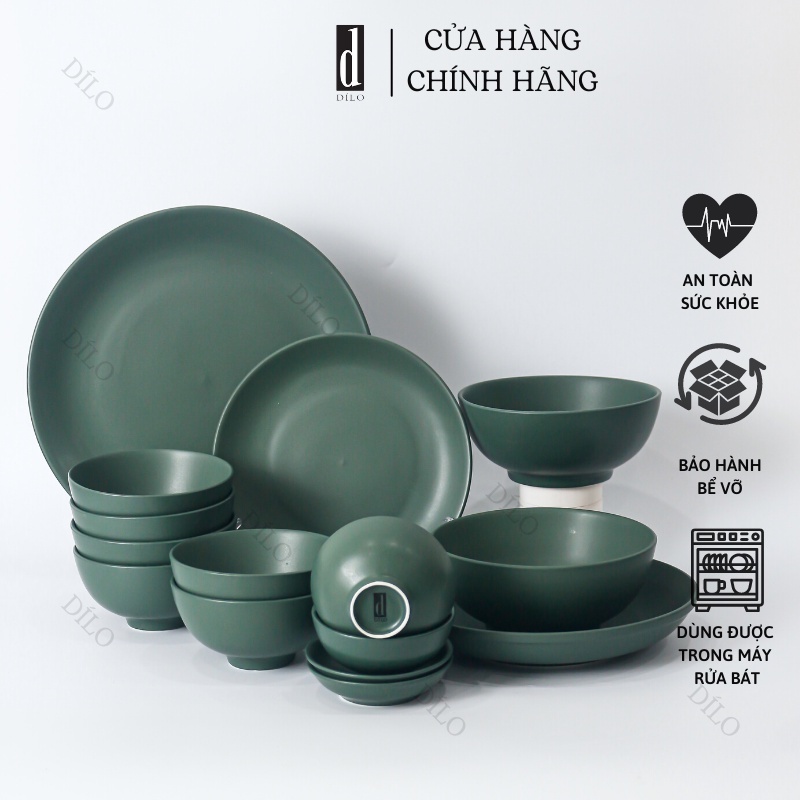 Bộ bát đĩa sứ xanh cổ vịt 15 món - Set chén dĩa đẹp cao cấp Dílo - Vỡ 1 đổi 1