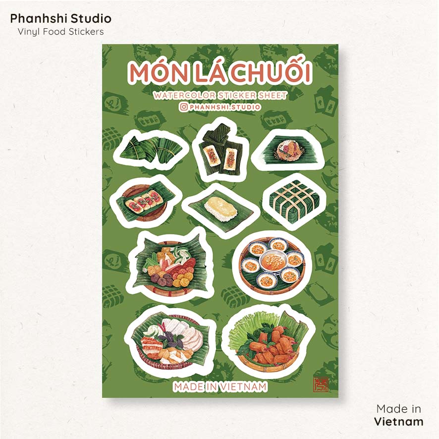 Tấm Sticker Món Lá Chuối Kích Thước 9x13,5cm In Từ Tranh Vẽ Tay Màu Nước