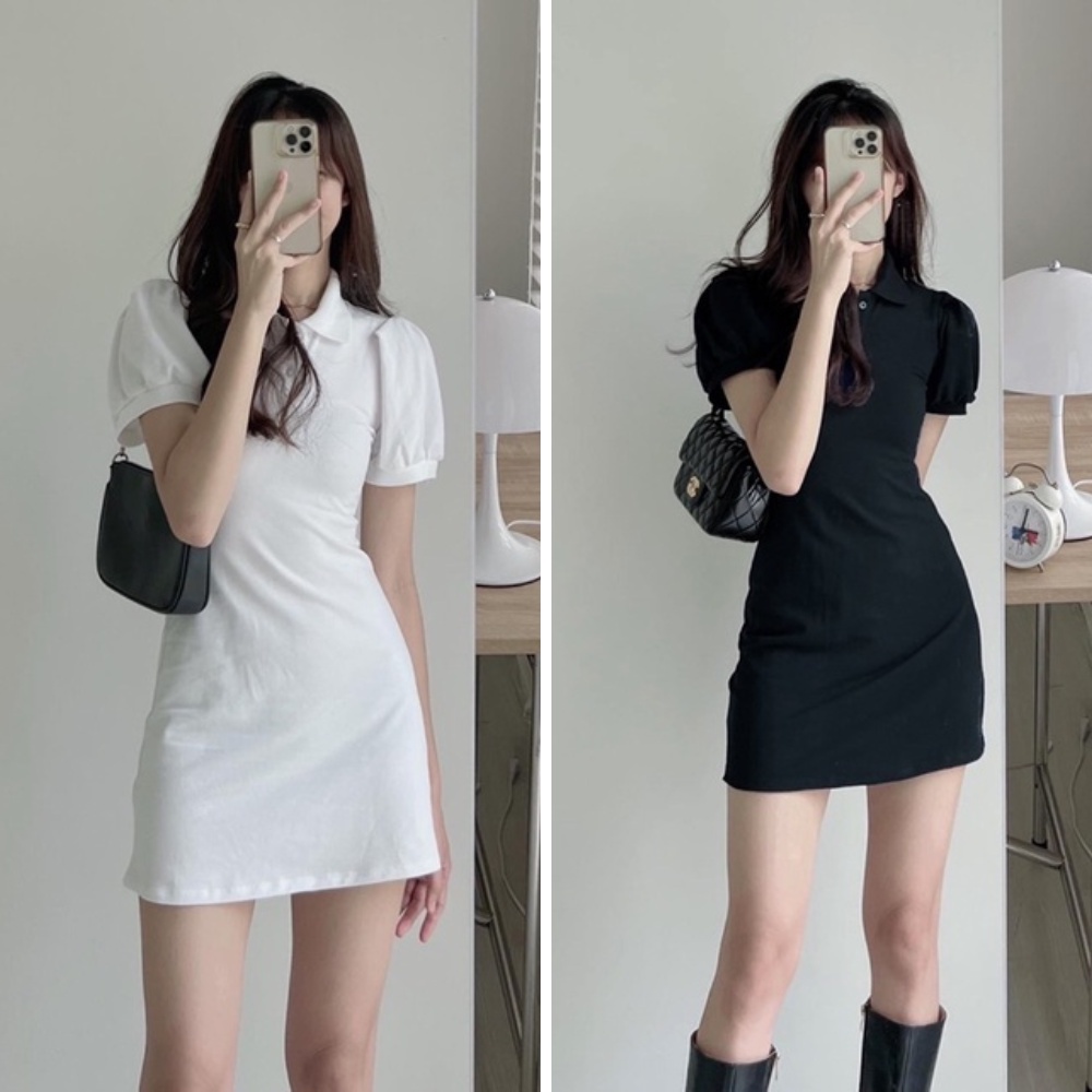 Đầm polo , váy polo nữ dáng xòe trơn chất thun gân cao cấp gợi cảm phong cách ulzzang màu trắng màu đen 98 Wear
