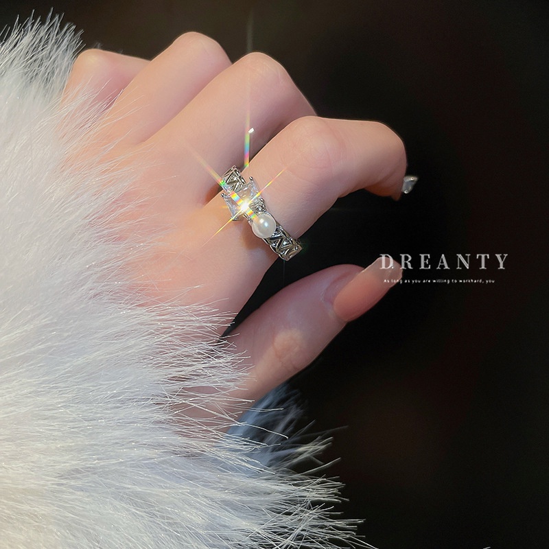 Nhẫn Hở Hai Lớp Mạ Vàng Đính Ngọc Trai Nhân Tạo Phong Cách ins