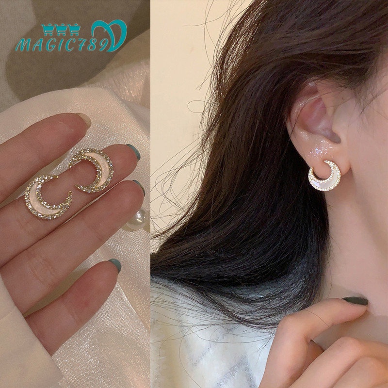 Đôi Khuyên Tai Hình Mặt Trăng Đính Đá Zircon Thời Trang Cho Nữ