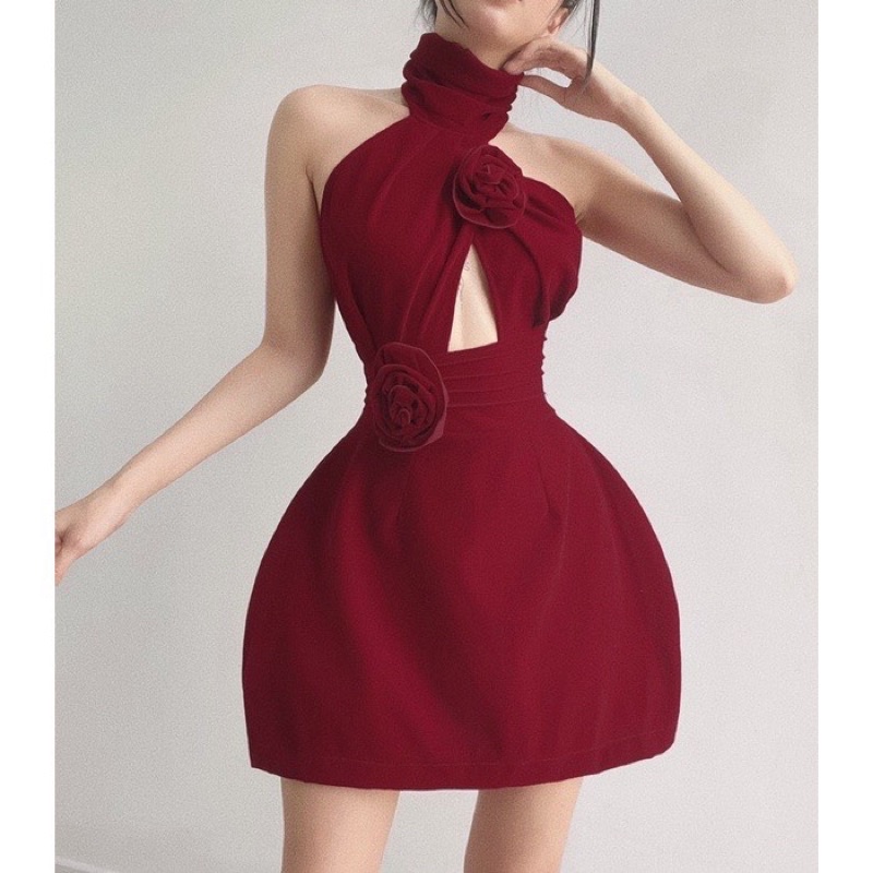 D6[Hình Thật] Đầm Nhung Dáng A Cổ Yến Khoét Phối Hoa Cổ Tôn Dáng, Đầm Body Dự Tiệc Đen Đỏ