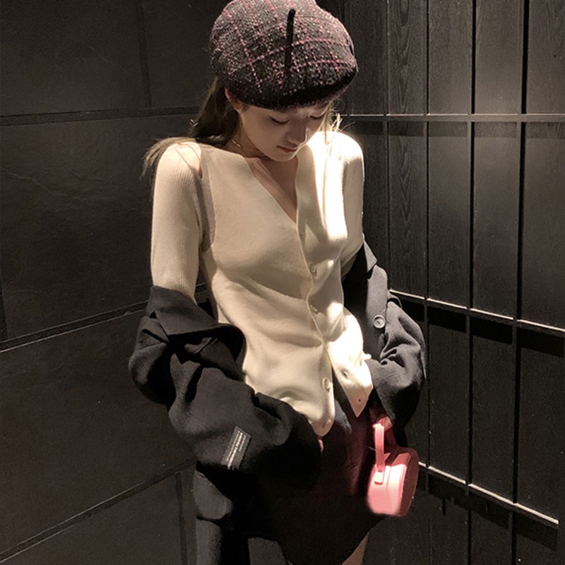 Áo Dệt Kim Tay Dài Hở Vai Cổ Chữ V Thời Trang Hàn Quốc Dành Cho Nữ