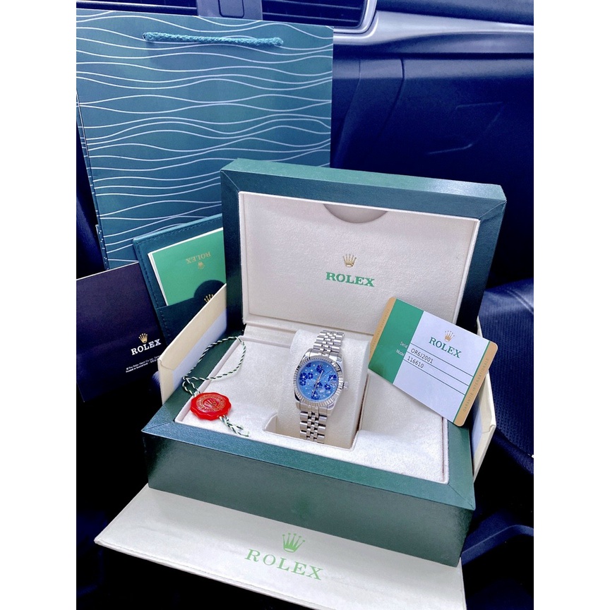Đồng hồ đeo tay nữ, đồng hồ nữ ROLEX chính hãng dây kim loại, kính Sapphire size 32mm mặt xanh thời trang, viền cổ điển