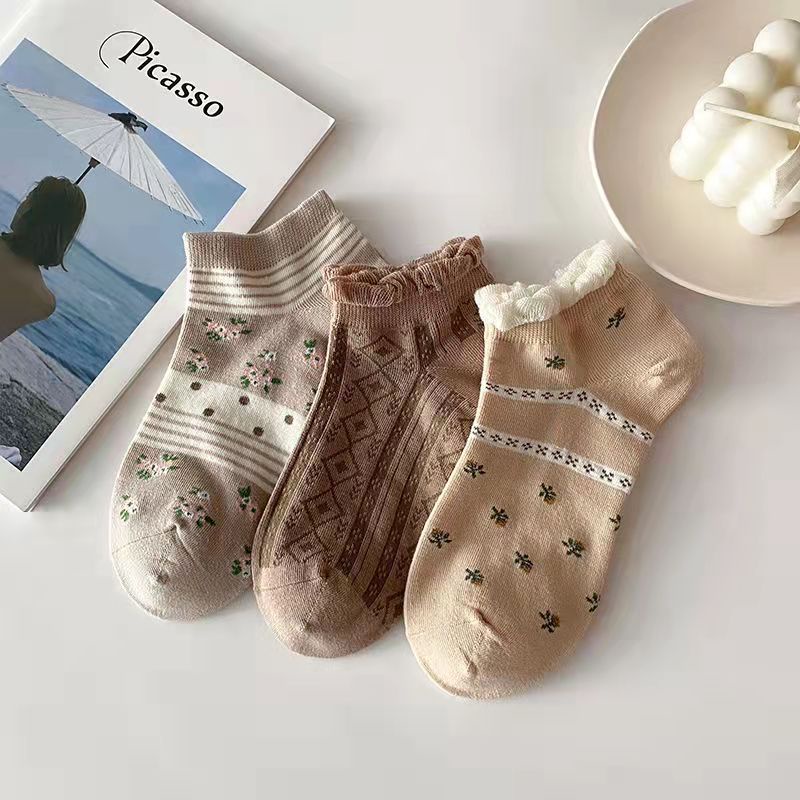 Set 5 Đôi Tất Cotton Tone Nâu Phối Hoạ Tiết Gấu Loại Đẹp