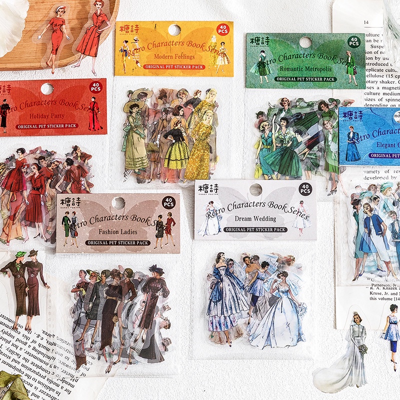 Set 40 Sticker Giấy Dán Trang Trí Sổ Tay Chống Nước Phong Cách Retro