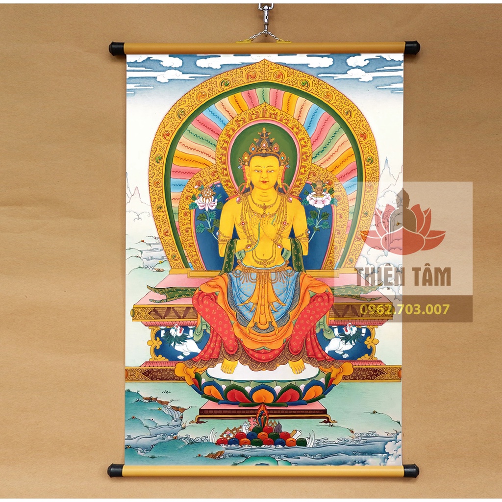 Tranh mật tông thangka Phật Di Lặc Maitreya 40x60cm bằng vải phủ bóng cao cấp dày dặn