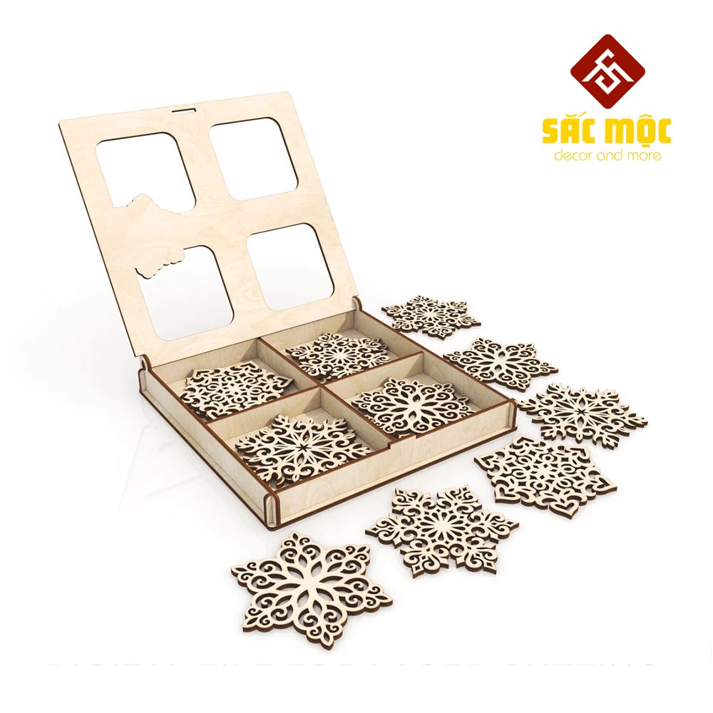 Bộ 4 Phụ Kiện #16 Phôi Gỗ Tô Màu Treo Trang Trí Giáng Sinh Hình Bông Tuyết Bằng Gỗ