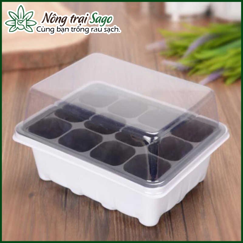 Khay ươm hạt giống 12 ô có nắp đậy, ngăn chặn côn trùng, có đế lót trữ nước - Nông Trại Sago