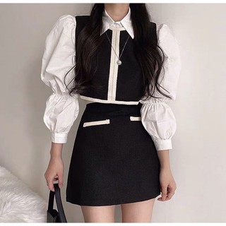 Set 3 món sơ mi kèm áo ghile dạ mix chân váy s3masm